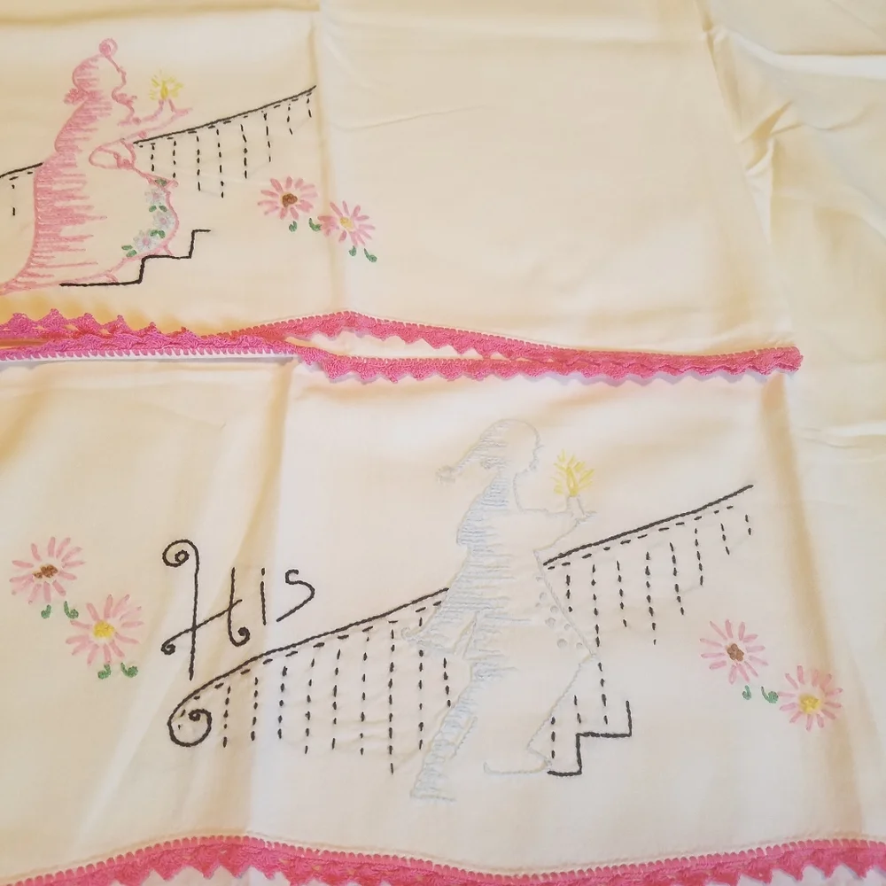 Vintage Pillowcases Set of 2 His & Hers Handmade